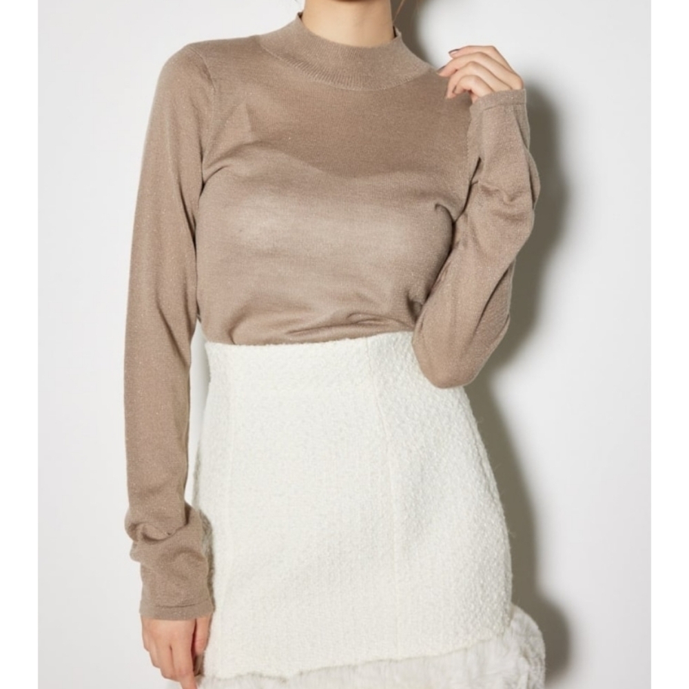 Rienda Gyaru Japan Taupe Beige Sparkly Open Back Sheer Mock Neck Top